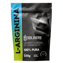 Embalagem de suplemento alimentar L-Arginina em pó, 250g, 100% pura, sabor natural.