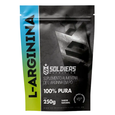 Embalagem de suplemento alimentar L-Arginina em pó, 250g, 100% pura, sabor natural.