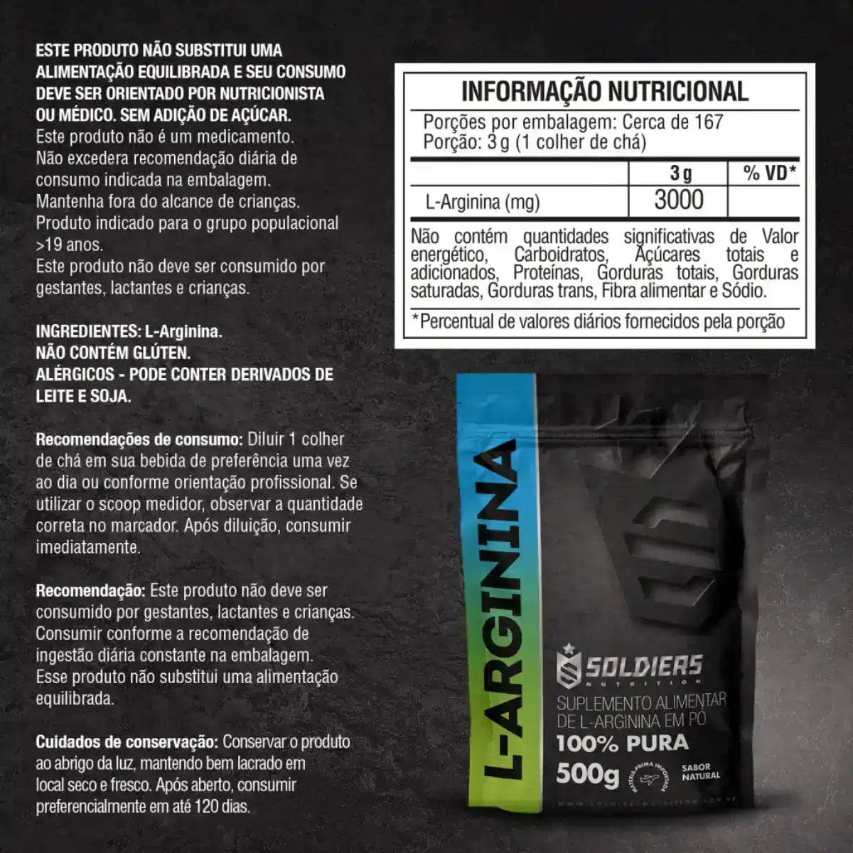 Embalagem de suplemento alimentar L-arginina em pó 100% pura, 500g, sabor natural, com informações nutricionais.