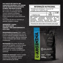 Embalagem de suplemento alimentar L-arginina em pó 100% pura, 500g, sabor natural, com informações nutricionais.
