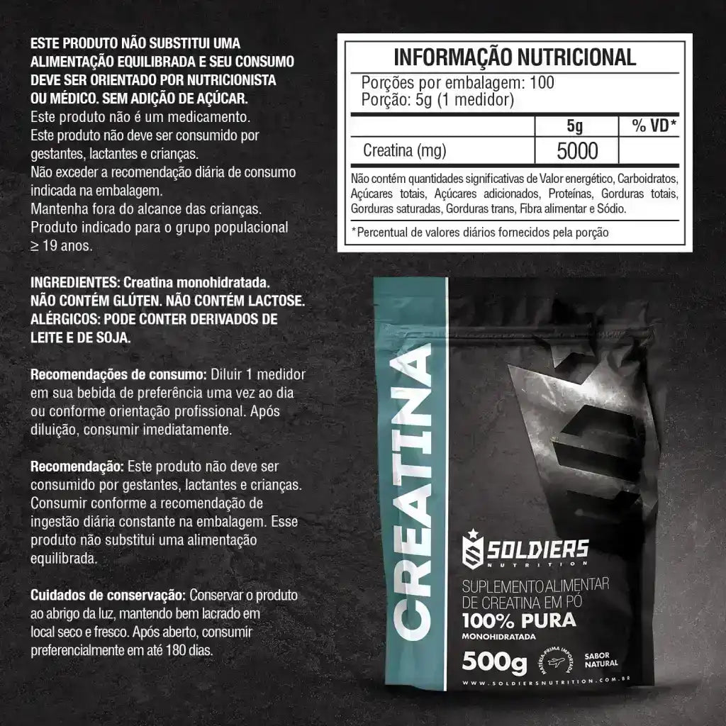 Embalagem de creatina monohidratada em pó 100% pura, suplemento alimentar 500g, sabor natural.
