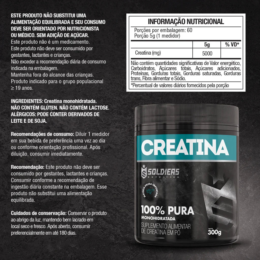 Creatina Monohidratada 300g - 100% Pura Importada - Soldiers Nutrition