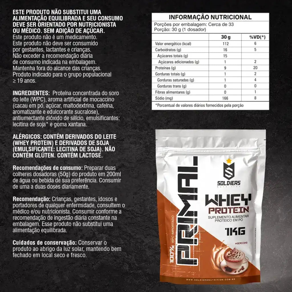 Embalagem de suplemento alimentar whey protein sabor mocaccino 1kg, informações nutricionais e instruções de uso em fundo preto.