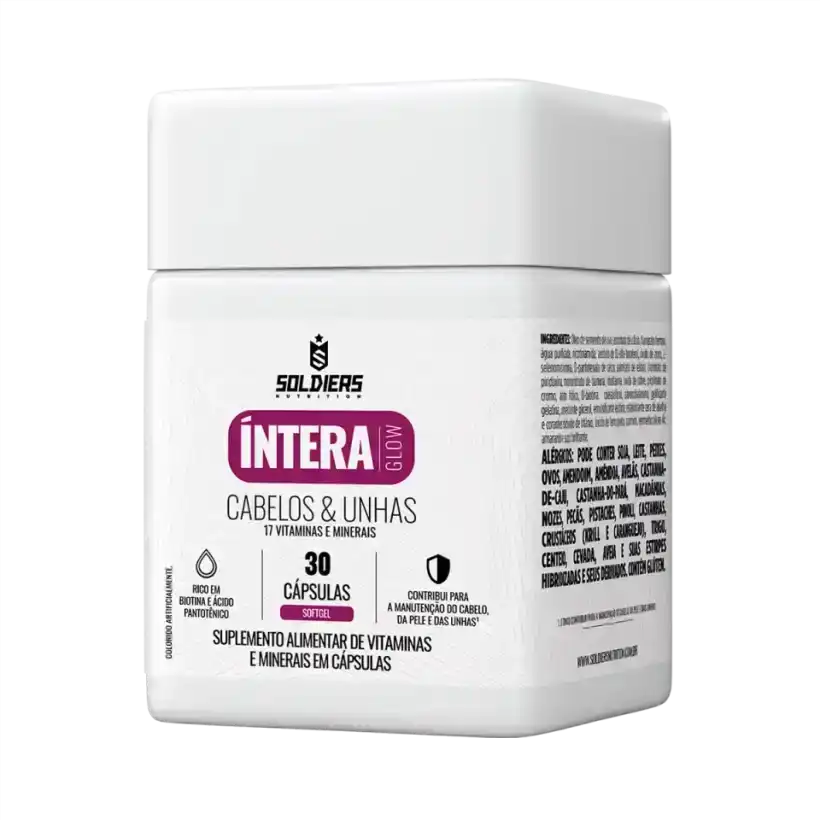 Pote de suplemento alimentar para cabelos e unhas com 30 cápsulas, vitaminas e minerais.