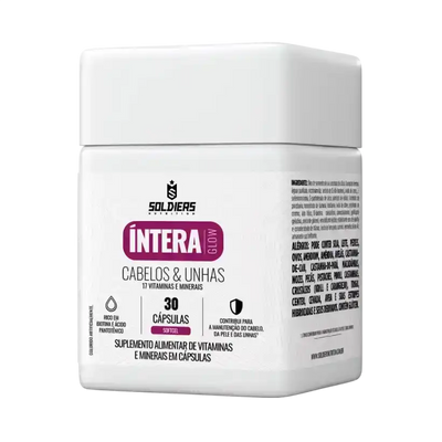 Pote de suplemento alimentar para cabelos e unhas com 30 cápsulas, vitaminas e minerais.