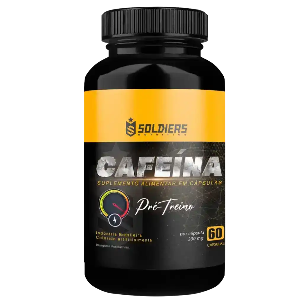 Frasco preto de suplemento alimentar cafeína em cápsulas, pré-treino, 60 cápsulas, 200mg