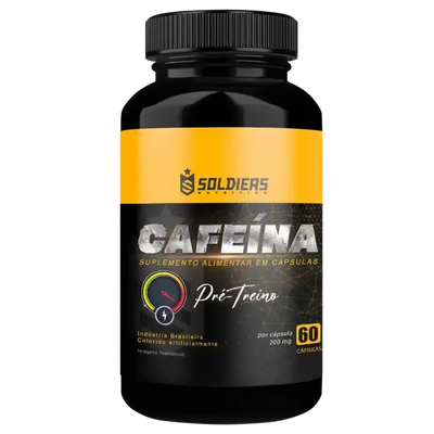Frasco preto de suplemento alimentar cafeína em cápsulas, pré-treino, 60 cápsulas, 200mg
