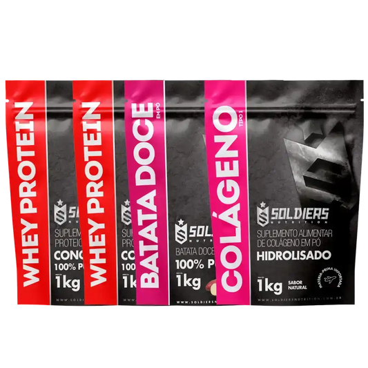 Pacotes de suplementos alimentares com whey protein, batata doce em pó e colágeno hidrolisado, 1kg cada, embalagens destacadas.