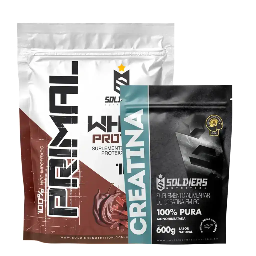 Pacote de whey protein sabor chocolate e creatina em pó, suplementos alimentares.