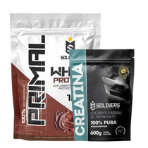 Pacote de whey protein sabor chocolate e creatina em pó, suplementos alimentares.