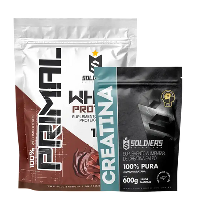 Pacote de whey protein sabor chocolate e creatina em pó, suplementos alimentares.
