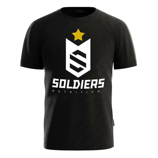 Camiseta preta com estampa Soldiers Nutrition, estrela amarela e logo branco centralizado.