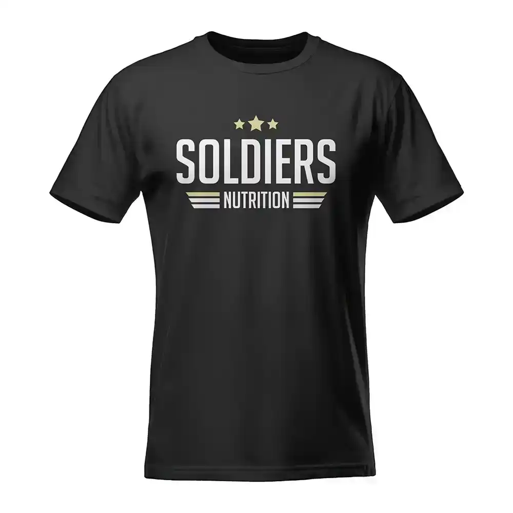 Camiseta preta, manga curta, com estampa Soldiers Nutrition e três estrelas na frente.
