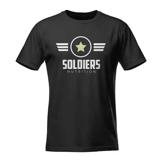 Camiseta preta com estampa de estrela amarela e texto Soldiers Nutrition no peito