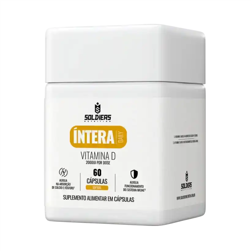 Pote branco de suplemento alimentar em cápsulas, Vitamina D 2000UI, 60 cápsulas.