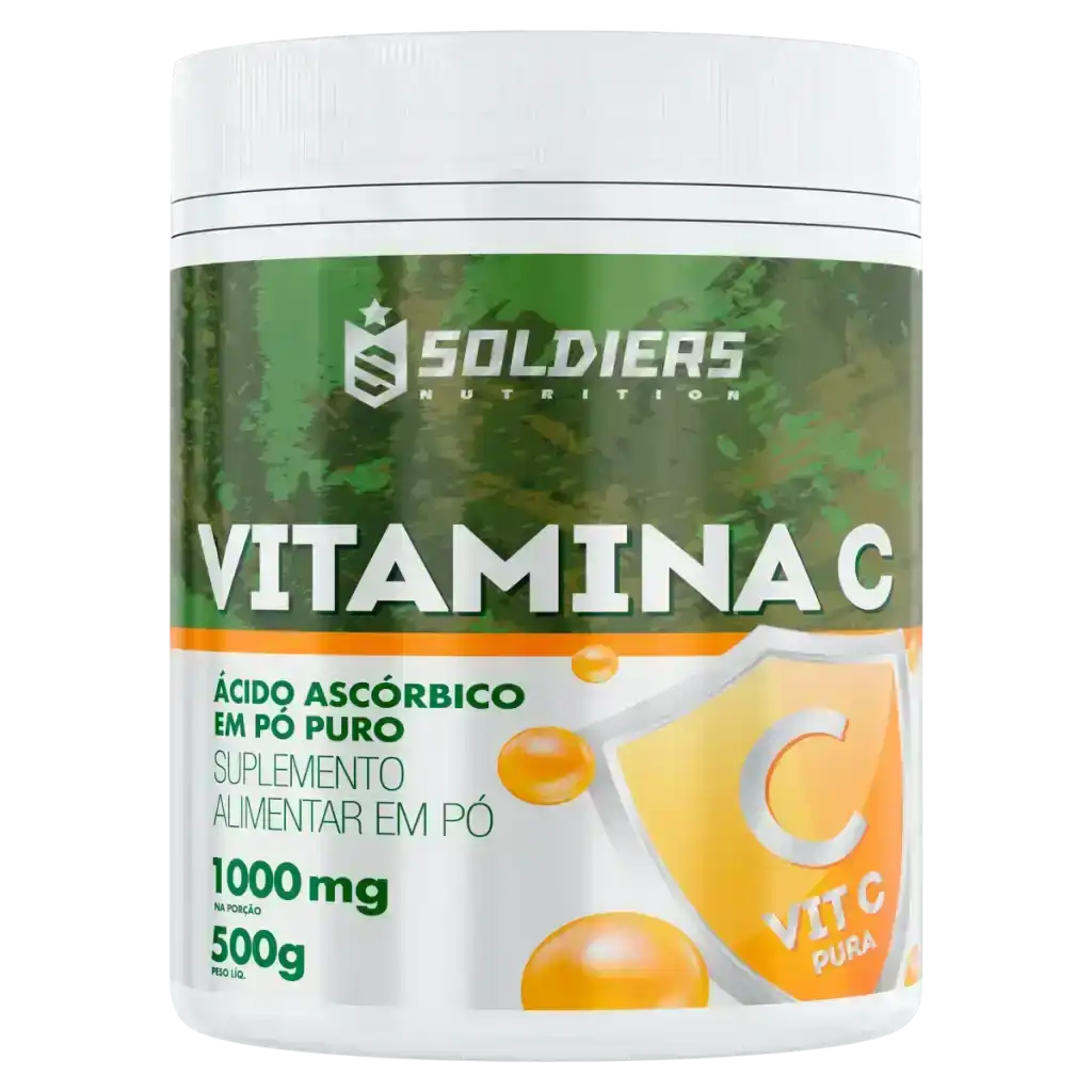Pote de suplemento alimentar vitamina C em pó puro ácido ascórbico 500g, rótulo verde e branco.