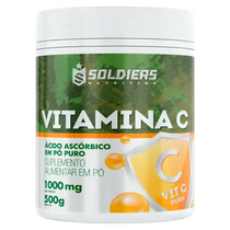 Pote de suplemento alimentar vitamina C em pó puro ácido ascórbico 500g, rótulo verde e branco.