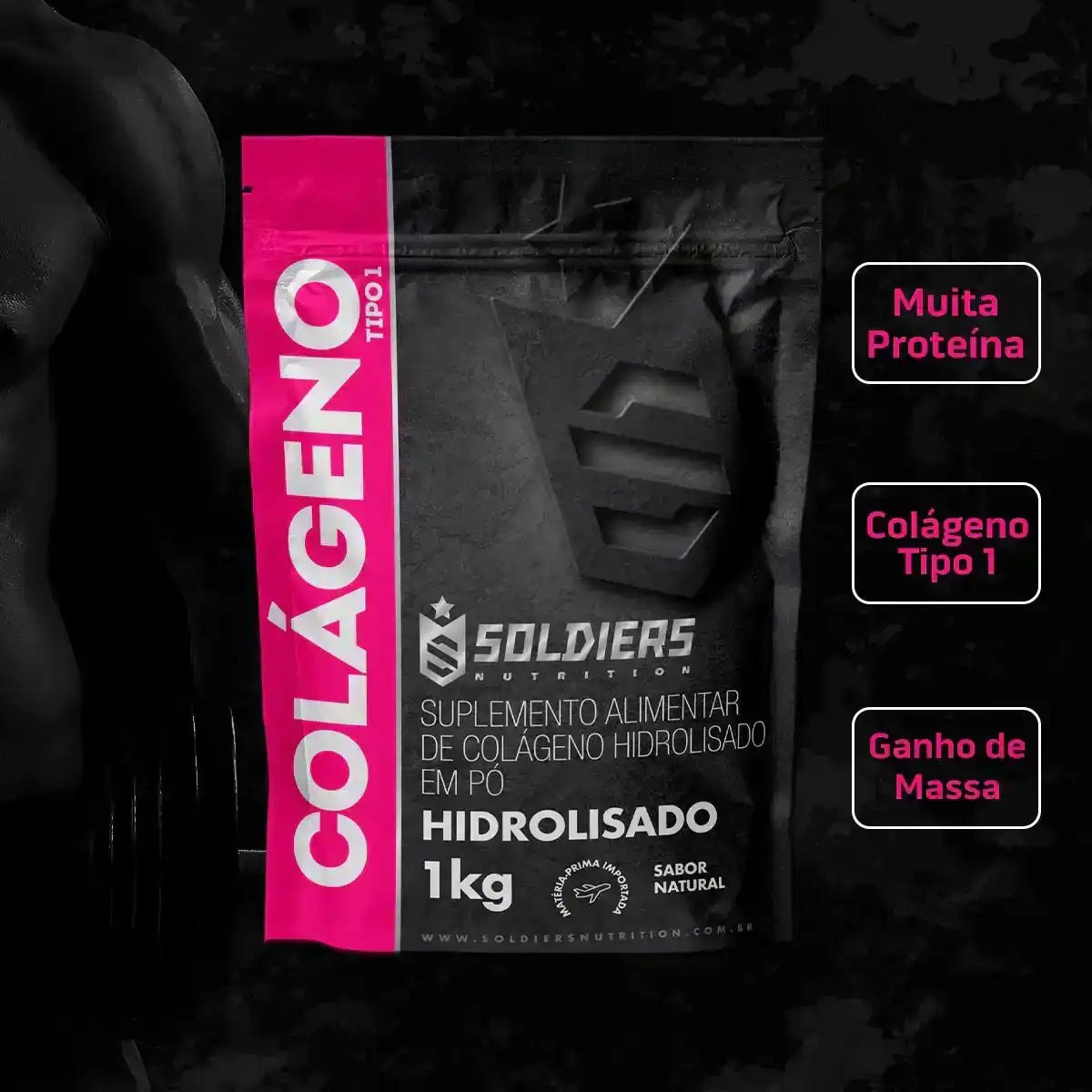 Embalagem de colágeno hidrolisado tipo 1 em pó, 1kg, suplemento alimentar com alta proteína.