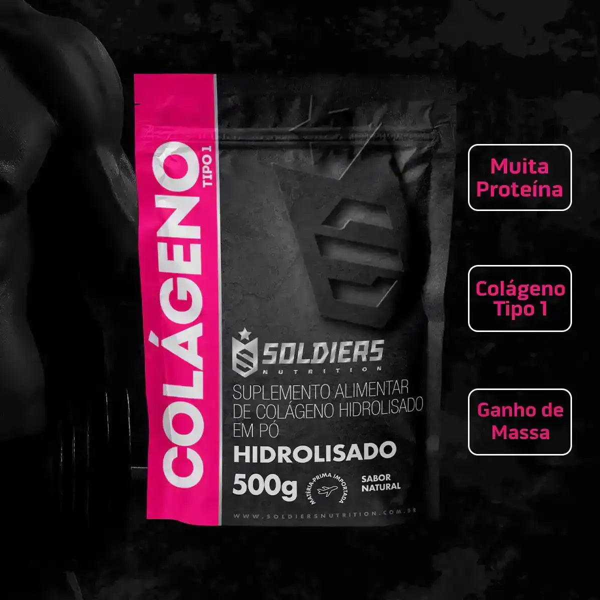 Embalagem de suplemento colágeno hidrolisado tipo 1 500g, alta proteína, sabor natural.