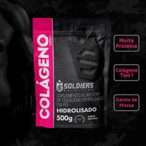 Embalagem de suplemento colágeno hidrolisado tipo 1 500g, alta proteína, sabor natural.
