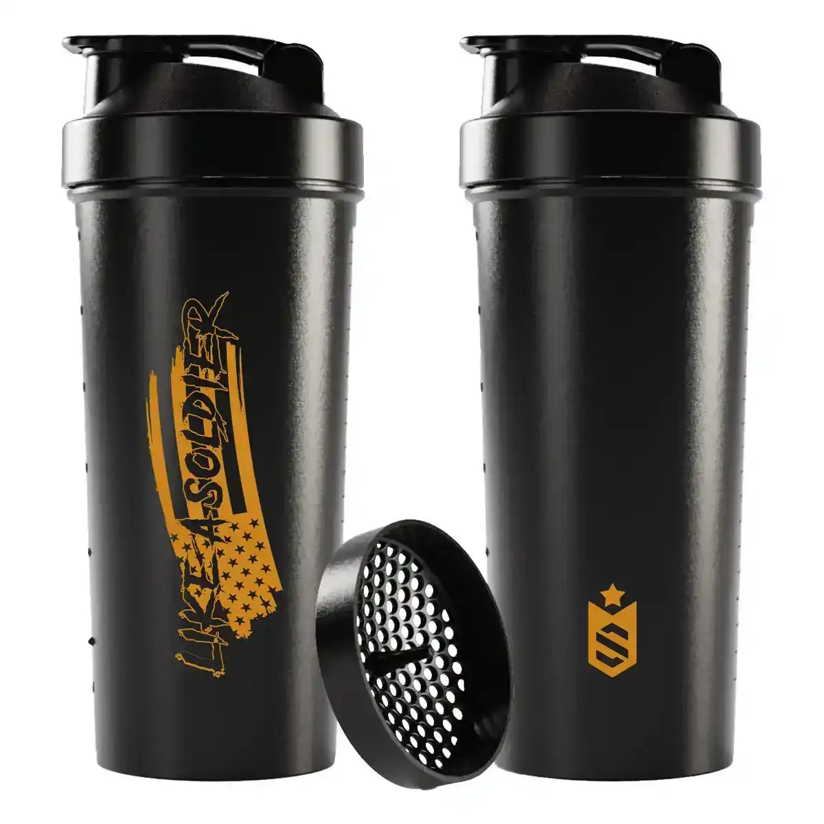 Coqueteleira slim preta para suplemento, com mixer e detalhes amarelos, visual moderno