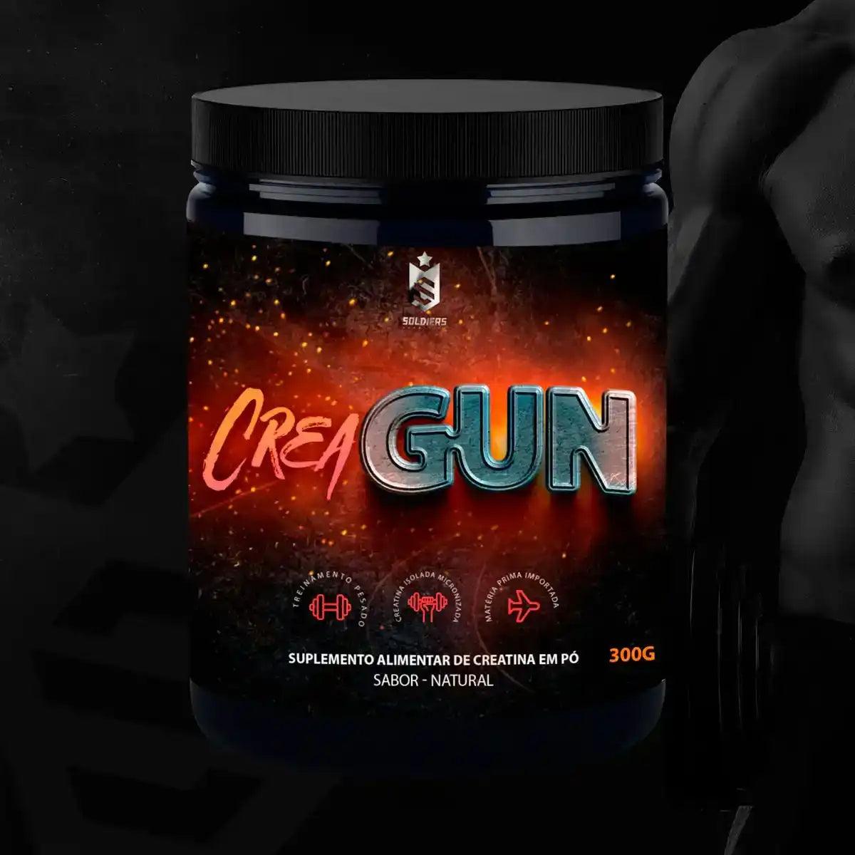 Pote de suplemento de creatina em pó sabor natural com rótulo CreaGun e fundo escuro, foco em nutrição esportiva.