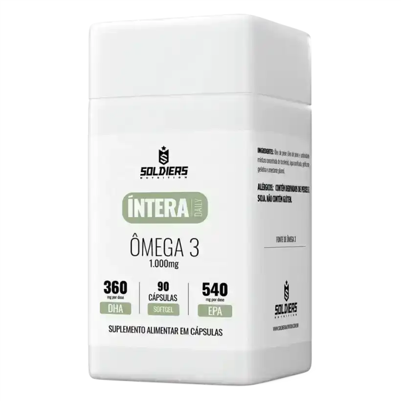 Frasco de suplemento alimentar Ômega 3 1000mg com 90 cápsulas, contendo DHA e EPA.