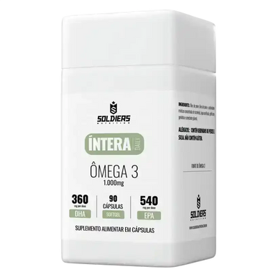 Frasco de suplemento alimentar Ômega 3 1000mg com 90 cápsulas, contendo DHA e EPA.