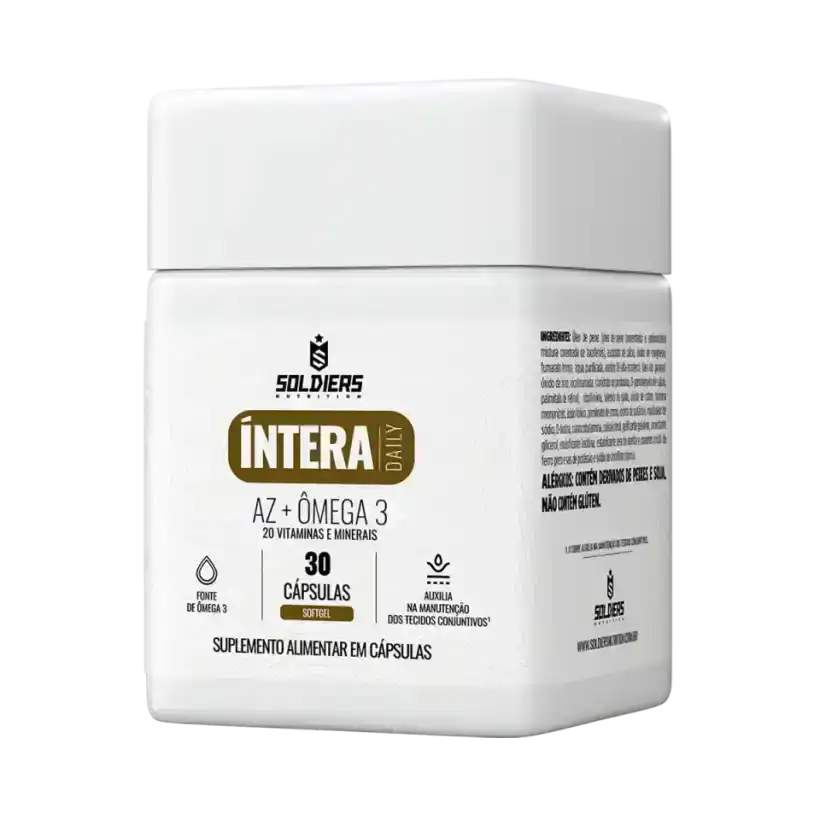 Pote branco de suplemento alimentar cápsulas AZ + Ômega 3 com 30 unidades.