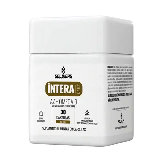 Pote branco de suplemento alimentar cápsulas AZ + Ômega 3 com 30 unidades.