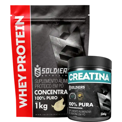 Pacote de whey protein concentrado 1kg e pote de creatina 300g em pó para suplemento alimentar.