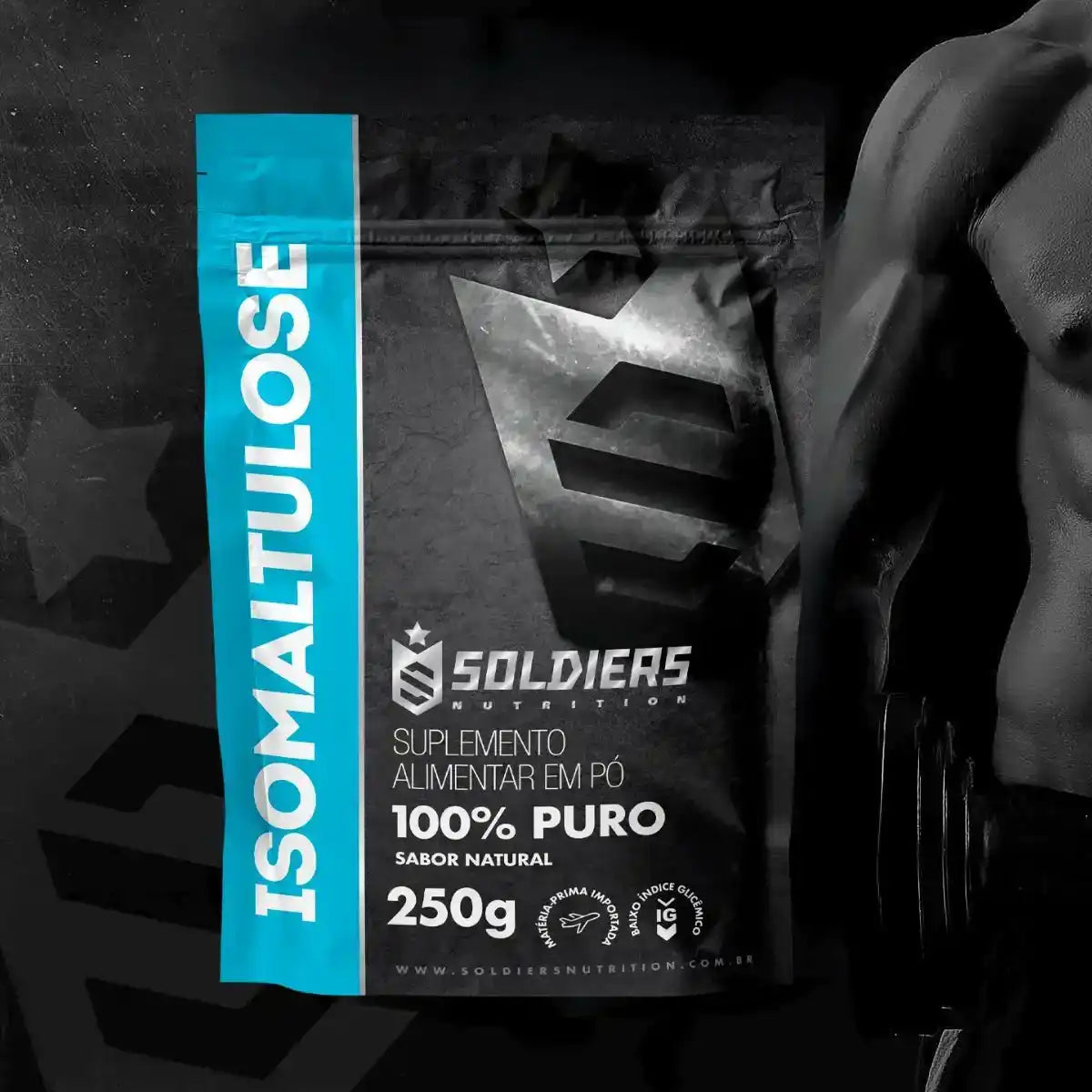 Embalagem de suplemento alimentar isomaltulose 100% puro sabor natural 250g, fundo com torso masculino definido.