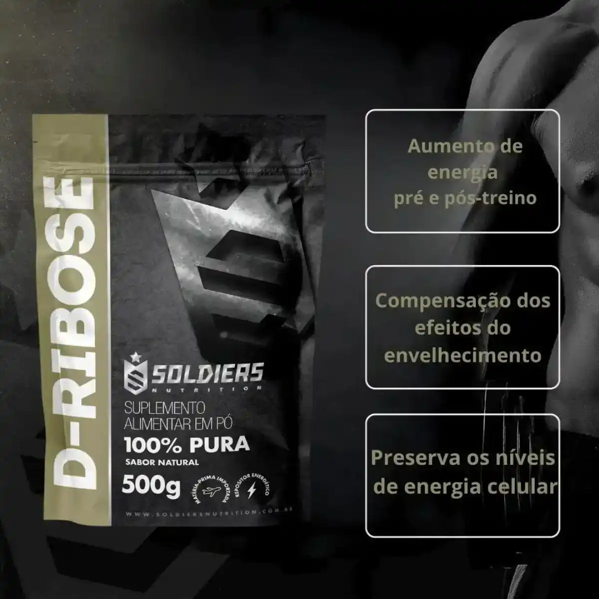 Suplemento alimentar em pó D-Ribose 100% pura 500g, aumenta energia pré e pós-treino.