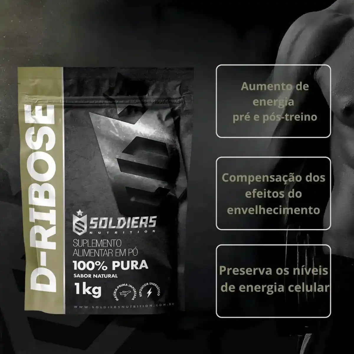 Embalagem de suplemento alimentar em pó D-Ribose 1kg, sabor natural, ao lado de torso masculino definido.