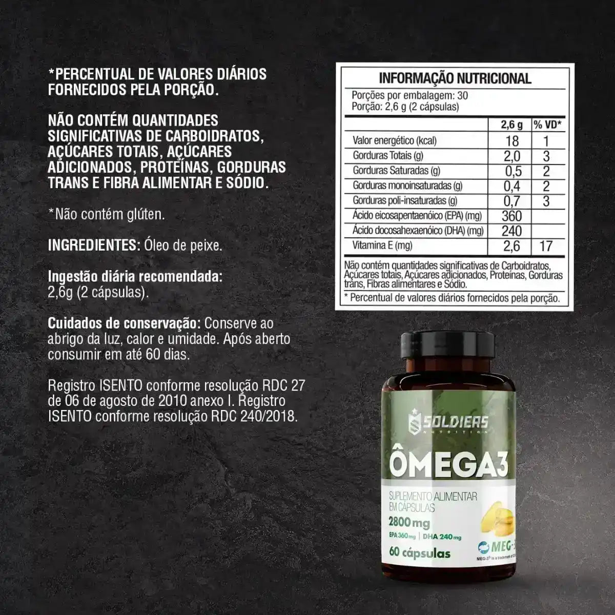 Frasco de suplemento alimentar Ômega 3 com informações nutricionais e ingredientes em destaque.