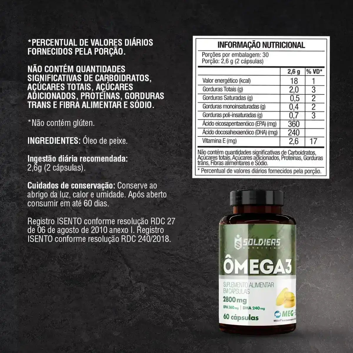 Frasco de suplemento alimentar Ômega 3 com tabela nutricional e informações de ingredientes ao lado.