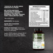 Frasco de suplemento alimentar Ômega 3 com tabela nutricional e informações de ingredientes ao lado.