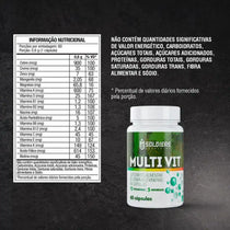 Frasco de suplemento alimentar Multi Vit com tabela nutricional detalhada ao lado, cápsulas de vitaminas e minerais.
