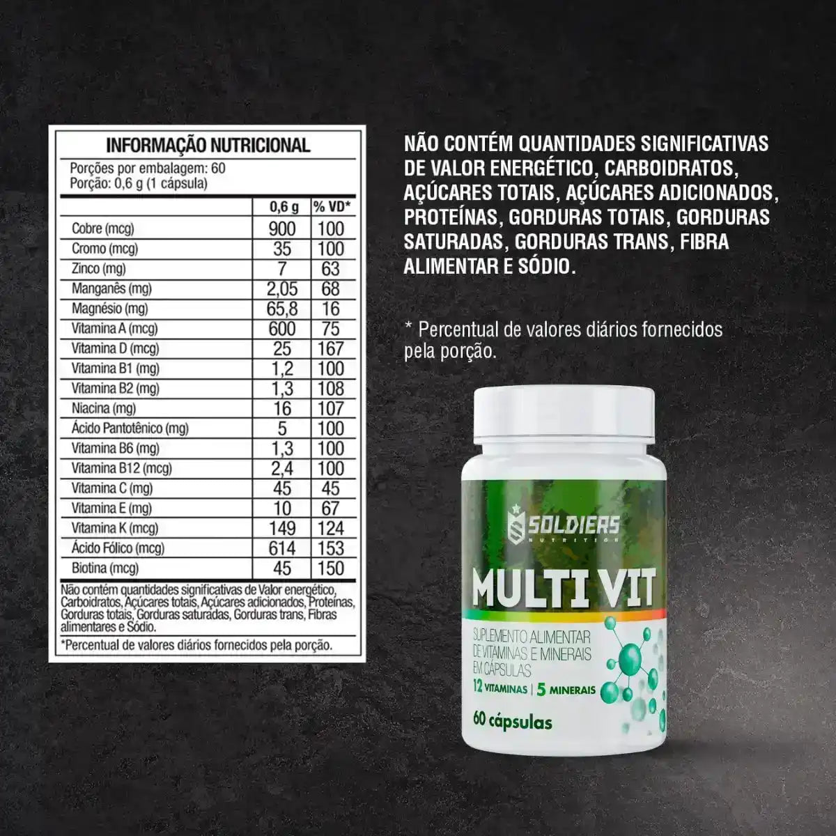Frasco de suplemento multivitamínico Multi Vit com tabela nutricional detalhada ao lado.