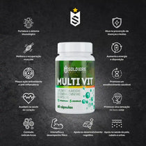 Frasco de suplemento Multi Vit com 60 cápsulas, vitaminas e minerais, benefícios destacados ao redor.