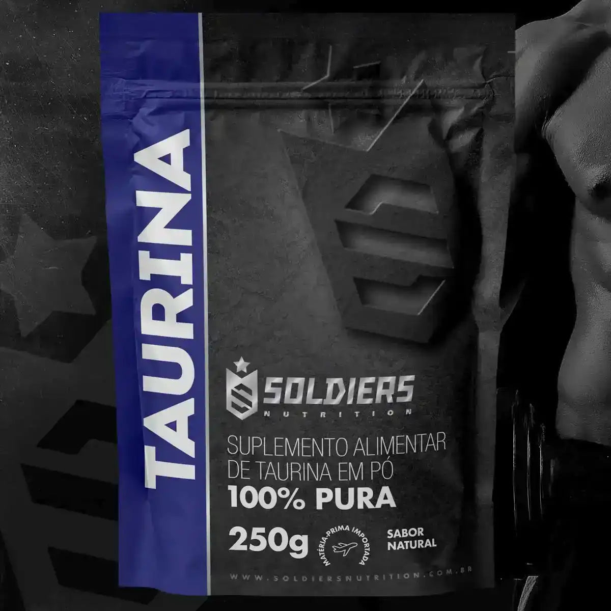 Embalagem de suplemento alimentar de taurina em pó 100% pura, 250g, sabor natural.