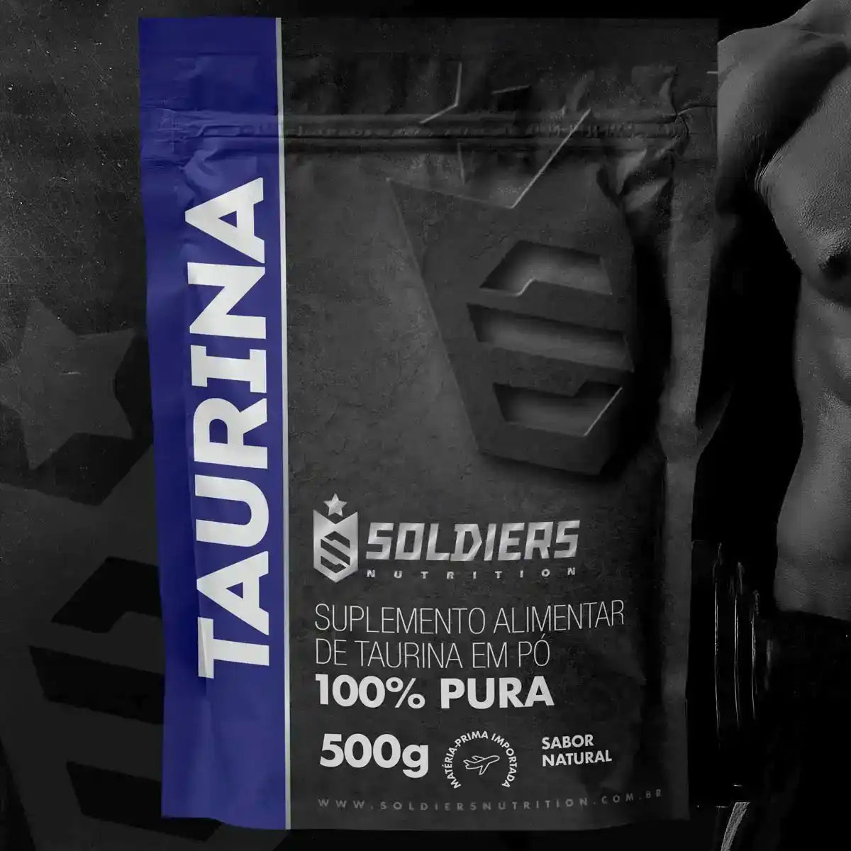 Embalagem preta de suplemento alimentar de taurina em pó, 100% pura, 500g, sabor natural.