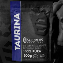 Embalagem preta de suplemento alimentar de taurina em pó, 100% pura, 500g, sabor natural.
