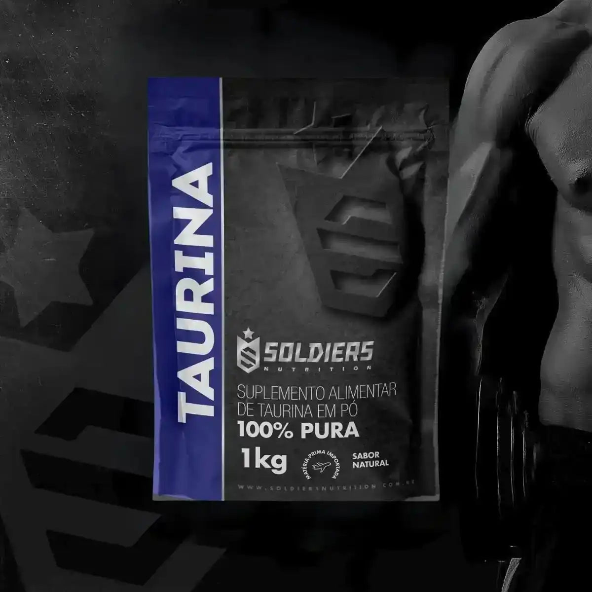 Embalagem de suplemento taurina em pó 100% pura 1kg, com destaque para corpo masculino definido ao lado.