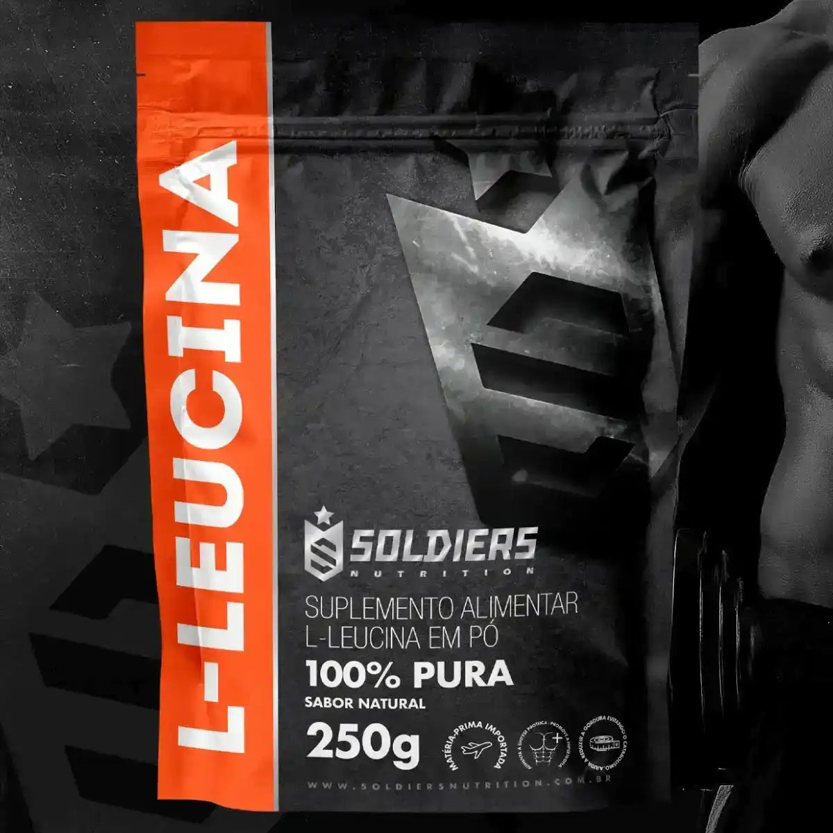 Embalagem de suplemento alimentar L-leucina em pó 100% pura sabor natural 250g.