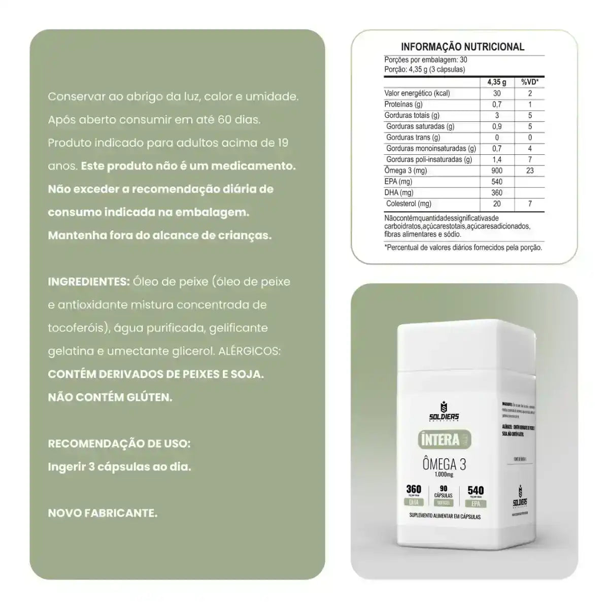 Suplemento alimentar Ômega 3 em cápsulas com embalagem branca, informações nutricionais e ingredientes destacados. Produto com óleo de peixe, 1000mg, DHA e EPA, recomendado para adultos.