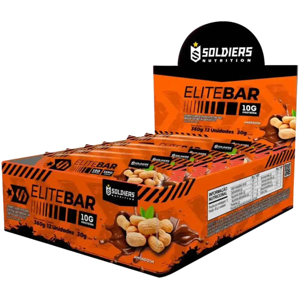Caixa de barras de proteína EliteBar sabor amendoim, 10g de proteína, embalagem laranja.