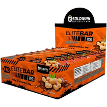 Caixa de barras de proteína EliteBar sabor amendoim, 10g de proteína, embalagem laranja.