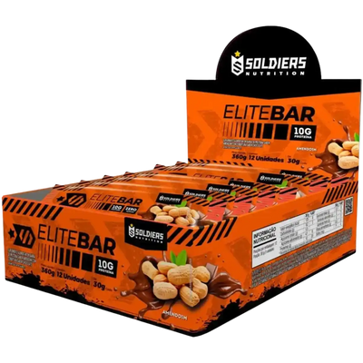 Caixa de barras de proteína EliteBar sabor amendoim, 10g de proteína, embalagem laranja.