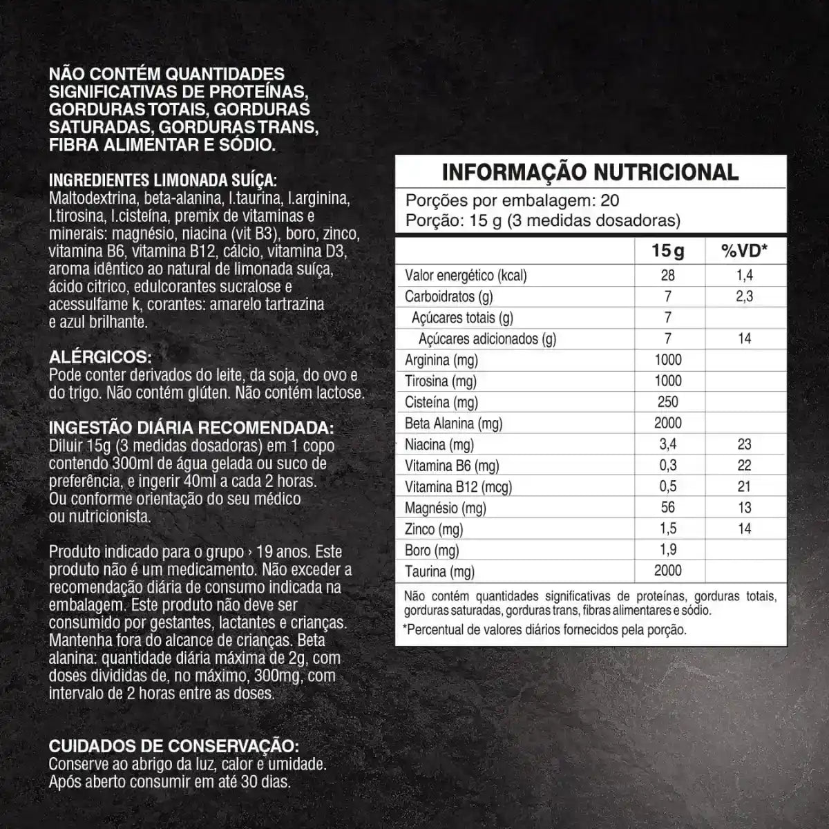 Tabela nutricional de suplemento em pó sabor limonada suíça, ingredientes e recomendações de uso.